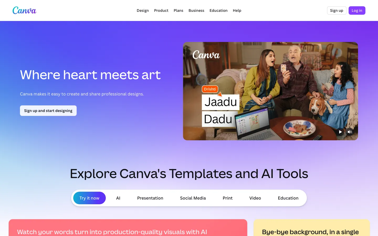 Canva homepage showing Magic Studio AI design tools including Dream Lab and Magic Write for visual content creation