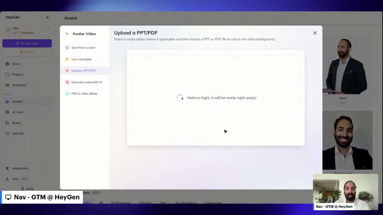 HeyGen video generation studio with script input, avatar selection, background options, and 1080p export settings