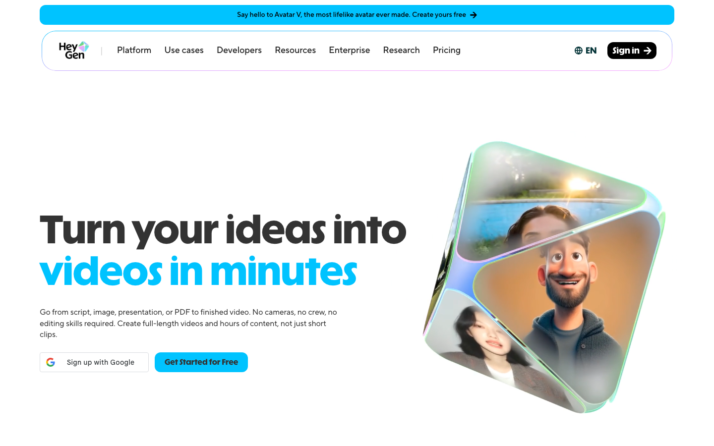 HeyGen homepage showing AI avatar video creation platform with digital twin and AI dubbing features