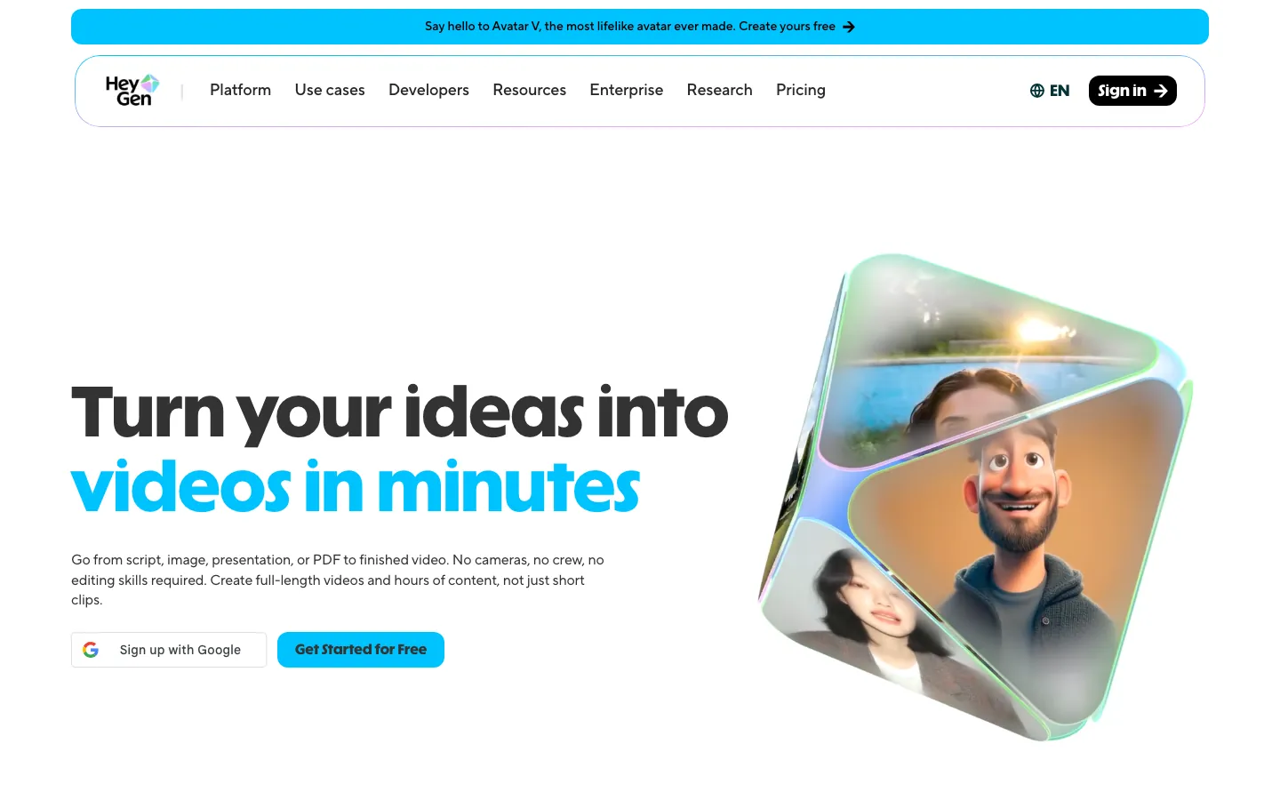 HeyGen homepage showing AI avatar video creation platform with digital twin and AI dubbing features