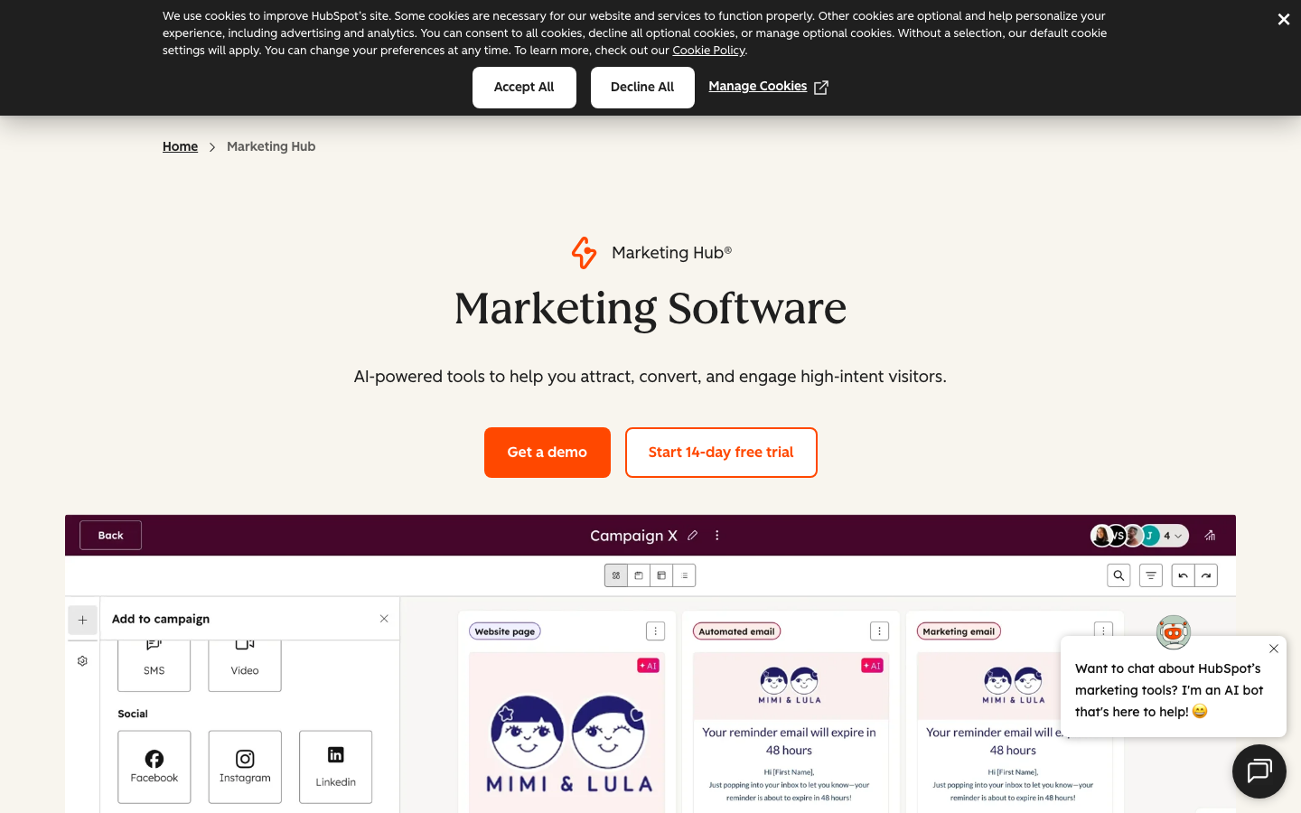 HubSpot Marketing Hub homepage showing AI-powered marketing automation platform with Breeze AI features