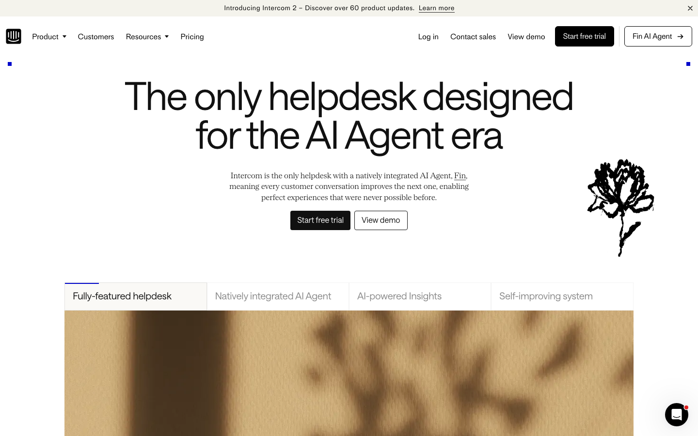 Intercom homepage showing Fin AI Agent platform for customer support and marketing conversational AI