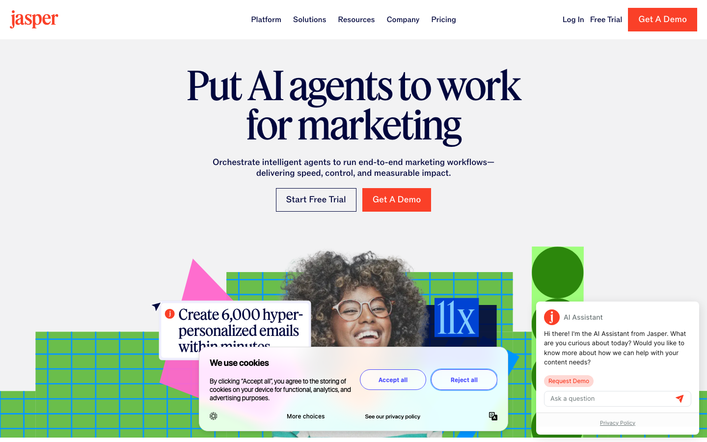 Jasper homepage showing the AI marketing platform with Campaign Canvas headline and multi-channel content creation features