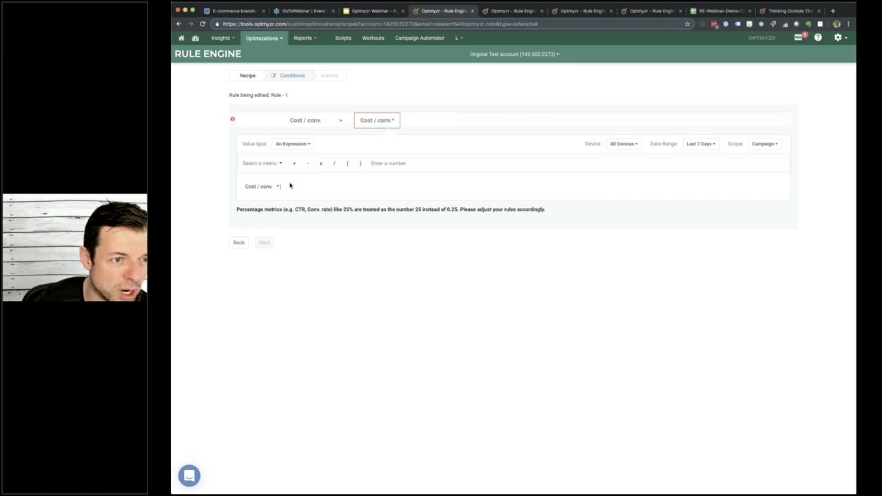 Optmyzr rule engine overview showing PPC automation rule builder with condition triggers, budget thresholds, and bid adjustment actions