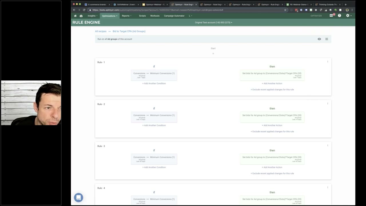 Optmyzr PPC automation rules interface showing multi-channel campaign management across Google Ads, Meta, and Microsoft Ads