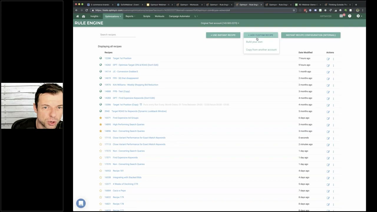 Optmyzr campaign optimization dashboard showing one-click optimization recommendations, performance scores, and account health metrics