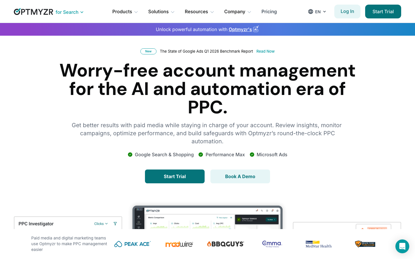 Optmyzr homepage showing PPC automation platform with AI-driven campaign optimization and reporting features