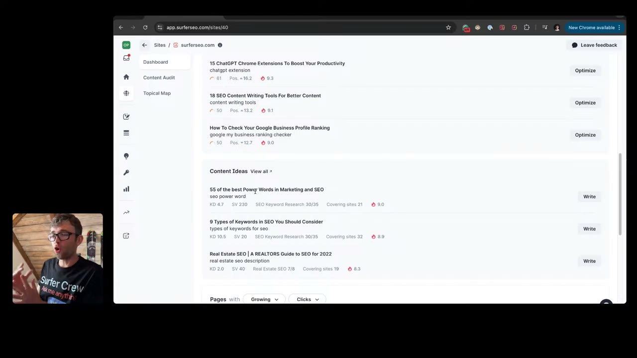 Surfer SEO content editor with real-time NLP content score, keyword recommendations, and live SERP competitor benchmarking