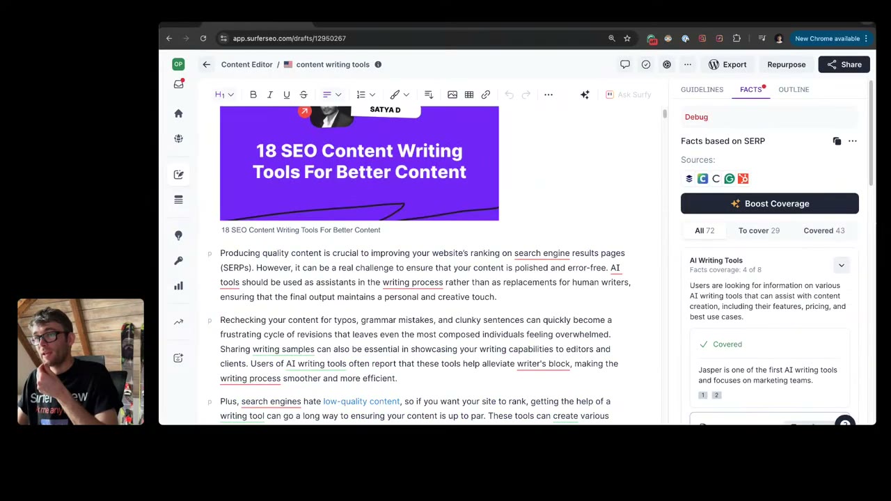 Surfer SEO optimization interface showing content grade improvement, keyword density guidance, and top-ranking page comparisons