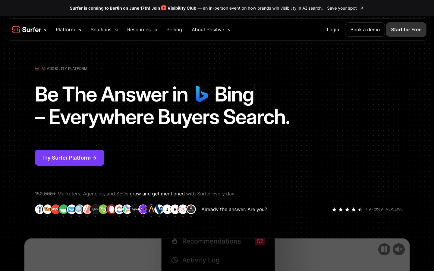 Surfer SEO homepage showing AI Visibility Platform positioning and content scoring interface