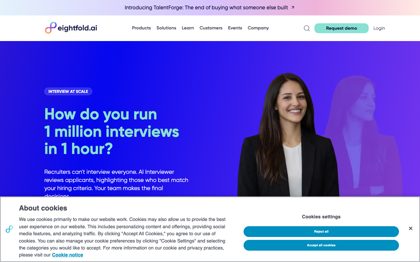 Eightfold AI homepage showing talent intelligence platform for enterprise skills-based hiring