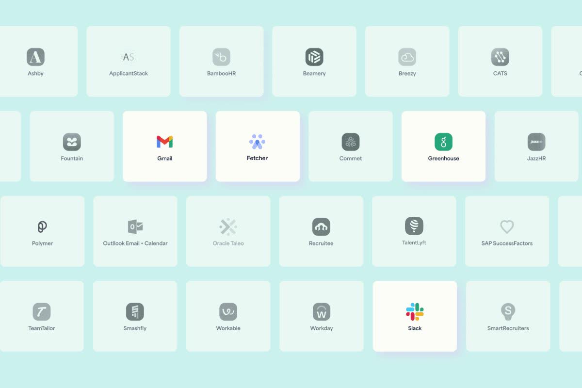Fetcher integrations page showing connection tiles for Ashby, BambooHR, Gmail, Greenhouse, Slack, Workday and other recruiting tools