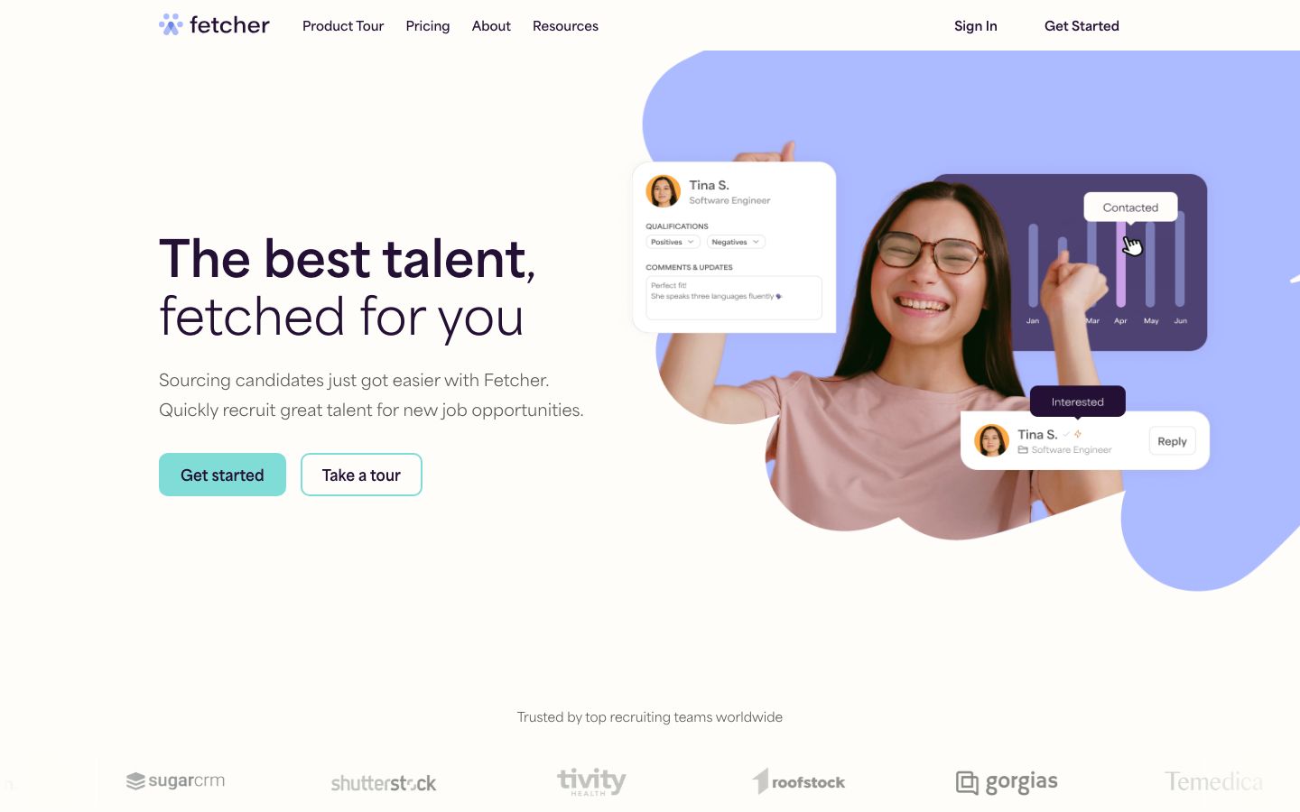 Fetcher homepage showing hybrid AI sourcing platform that finds and validates candidates automatically