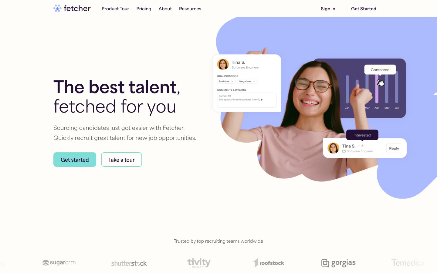 Fetcher homepage showing hybrid AI sourcing platform that finds and validates candidates automatically