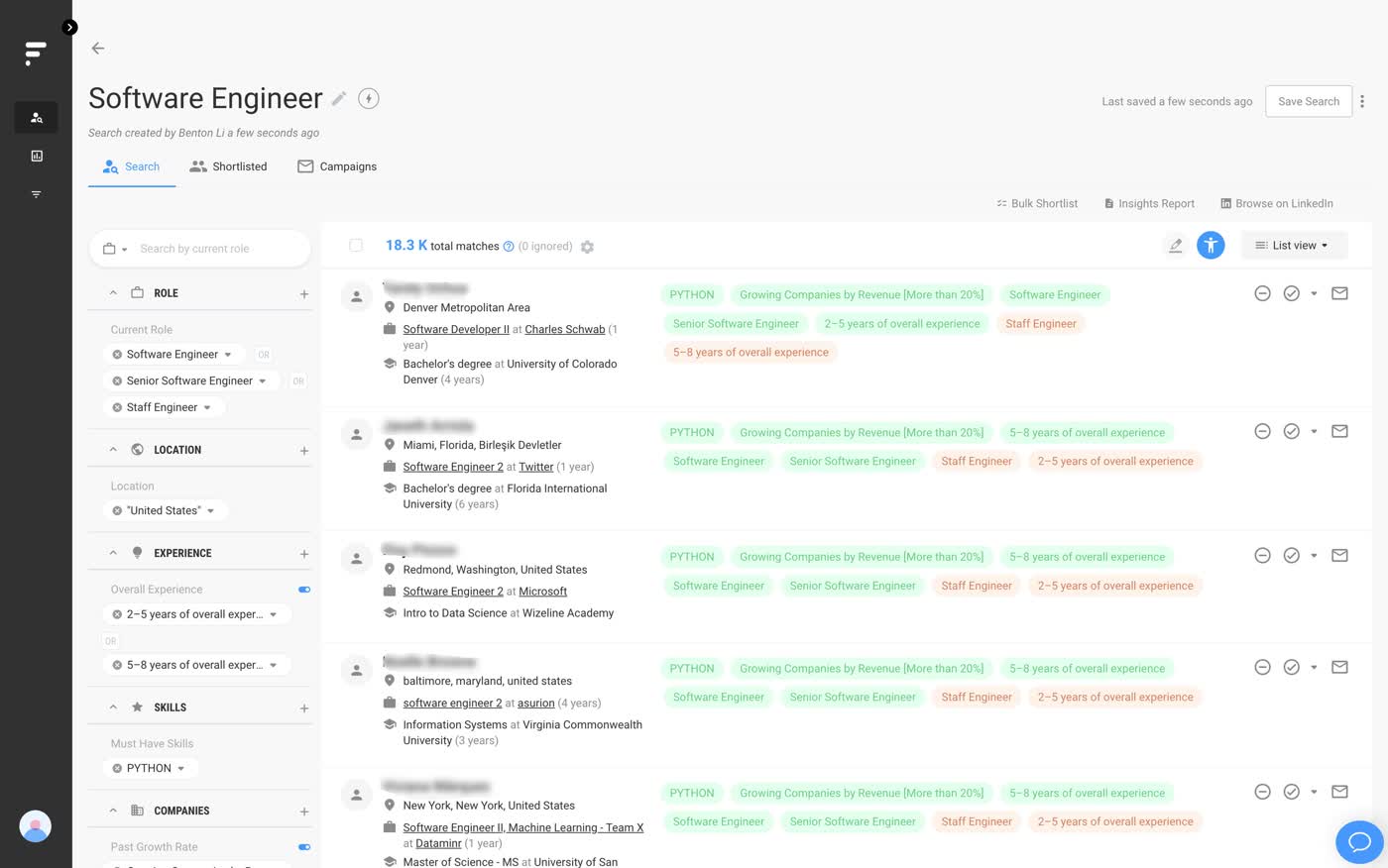 Findem sourcing search results screen showing a Software Engineer search with 18,300 total matches and candidate profile cards