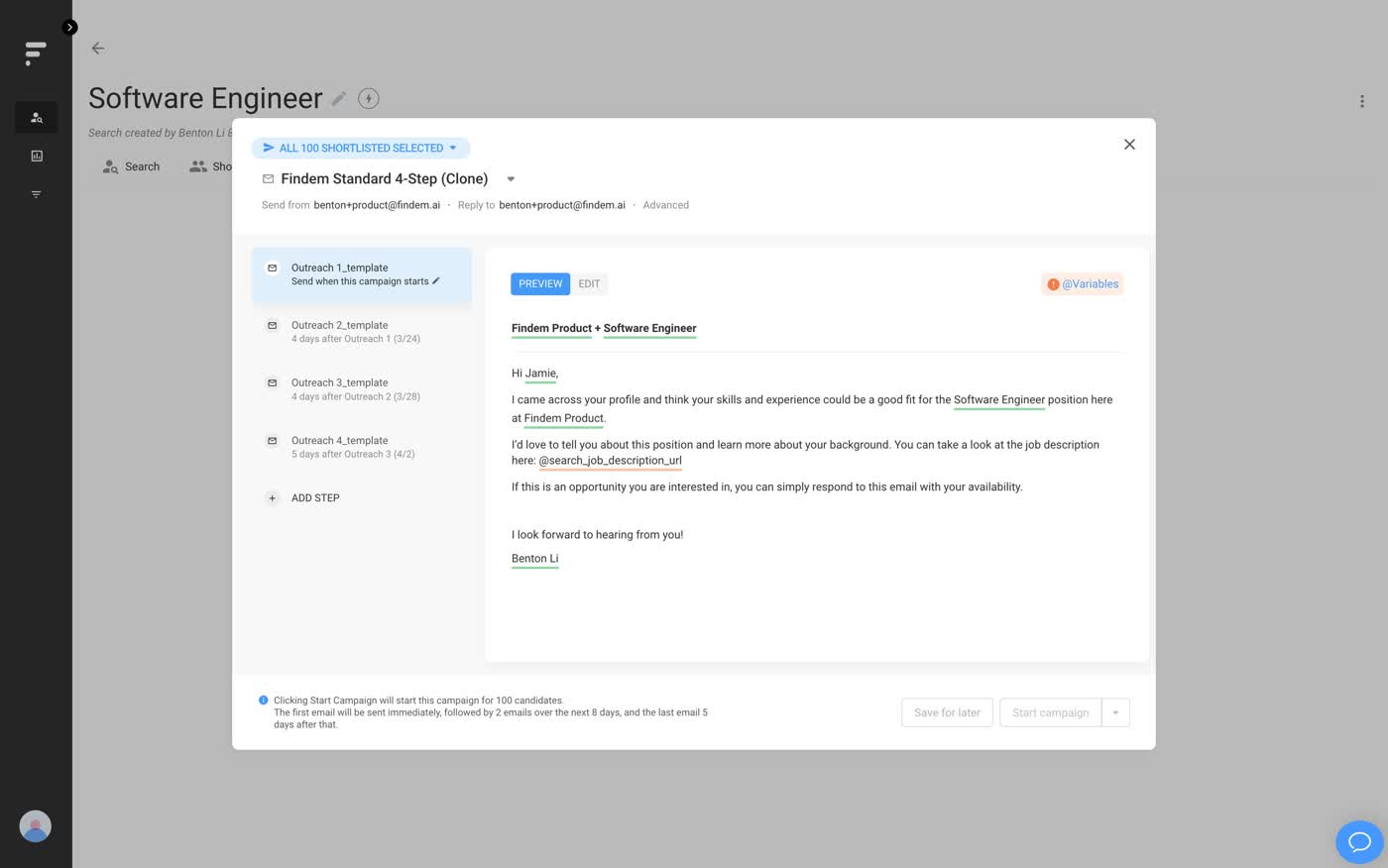 Findem outreach campaign editor showing a 4-step email sequence with a preview of the first outreach message to a candidate