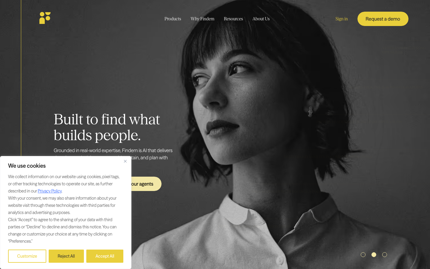 Findem homepage showing AI talent intelligence platform with 3D people-data for sourcing and workforce planning