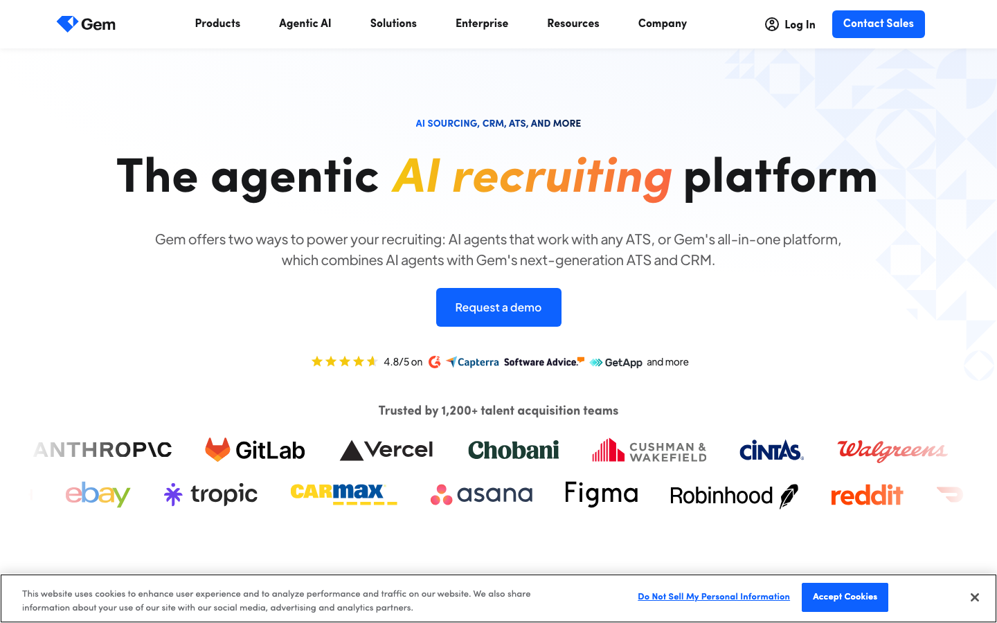 Gem homepage showing AI-first all-in-one recruiting platform with ATS, CRM, sourcing and 800M+ profiles