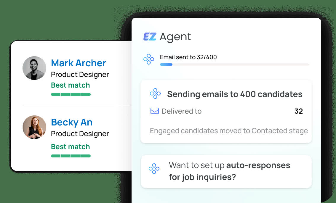 hireEZ EZ Agent panel showing automated outreach emails sent to 32 of 400 candidates next to two best-match candidate cards