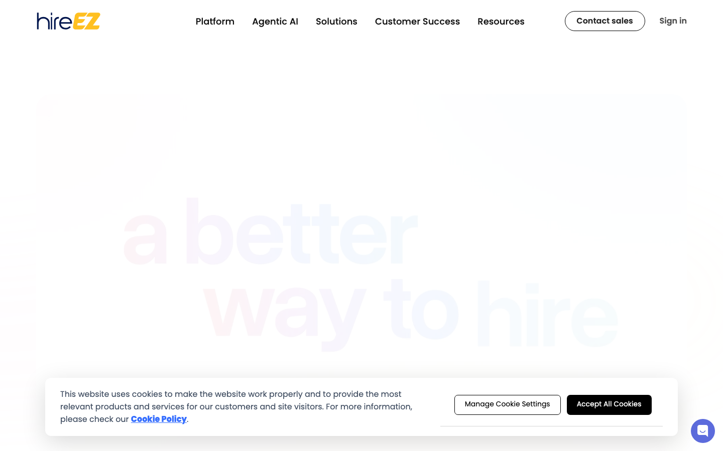 hireEZ homepage showing agentic AI recruiting platform with EZ Agent for autonomous talent sourcing