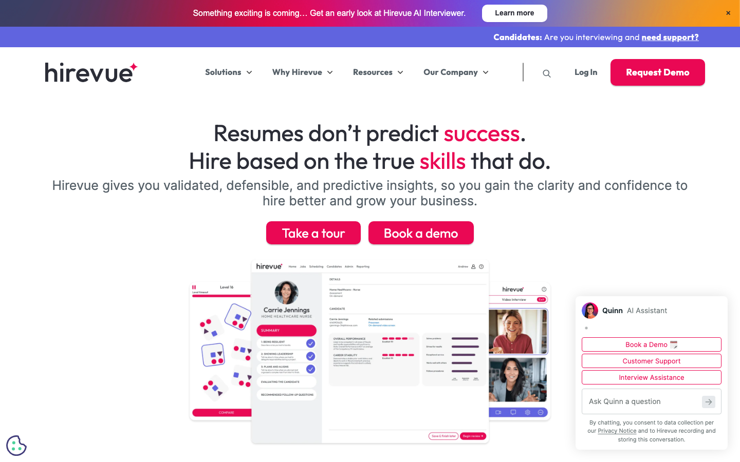 HireVue homepage showing hiring intelligence platform with video interviewing and AI assessment tools