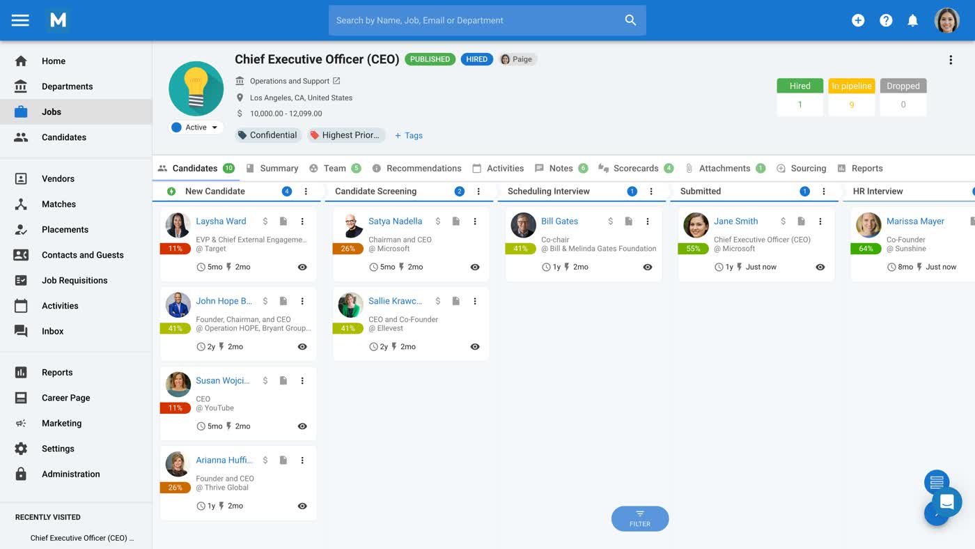 Manatal recruitment pipeline board for a Chief Executive Officer job showing candidate cards with AI match percentages across pipeline stages