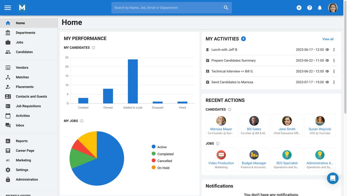 Manatal recruiter home dashboard showing my candidates activity chart, my jobs status pie chart, and recent actions on candidates and jobs