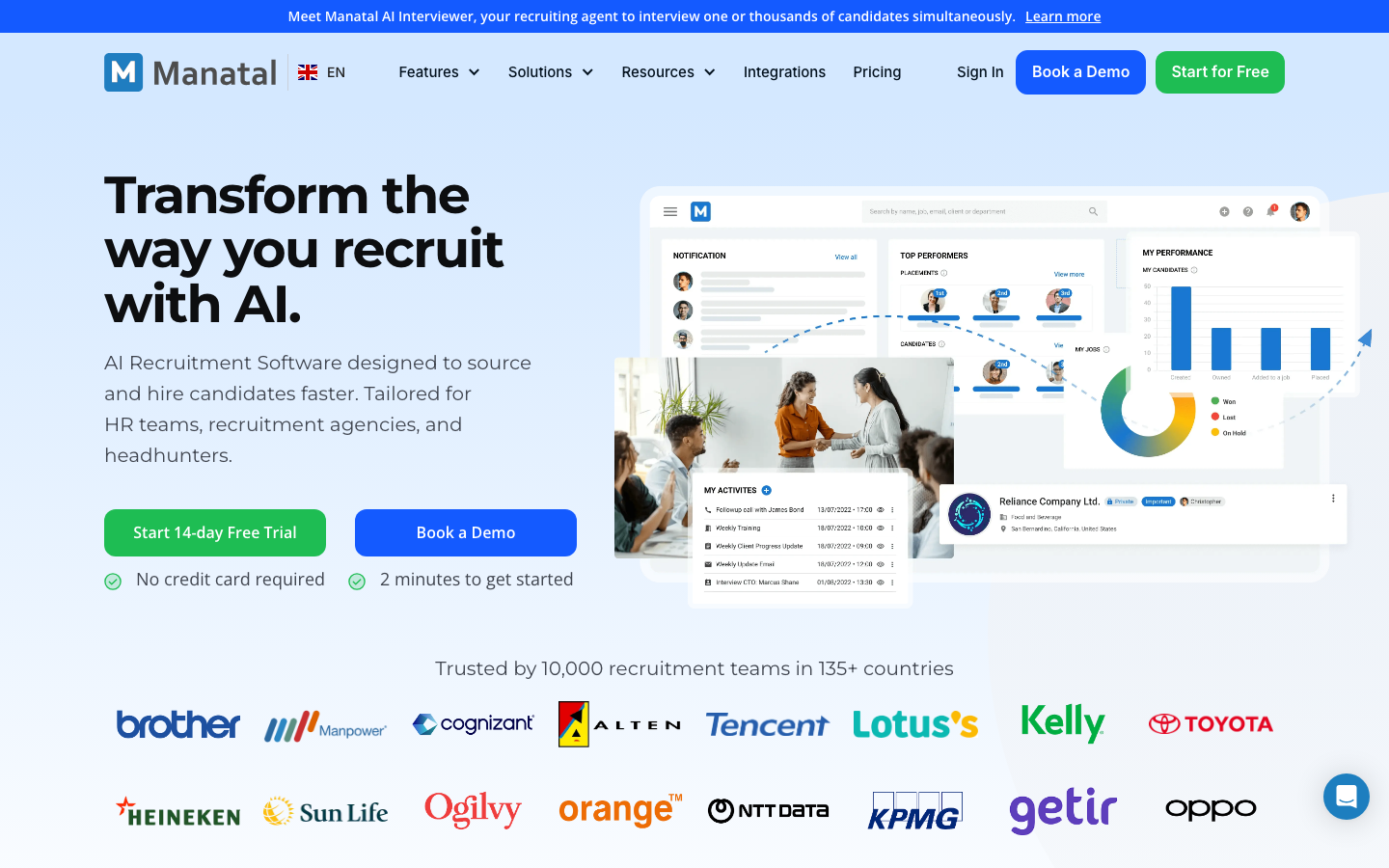 Manatal homepage showing AI recruitment software with candidate scoring and social media enrichment features