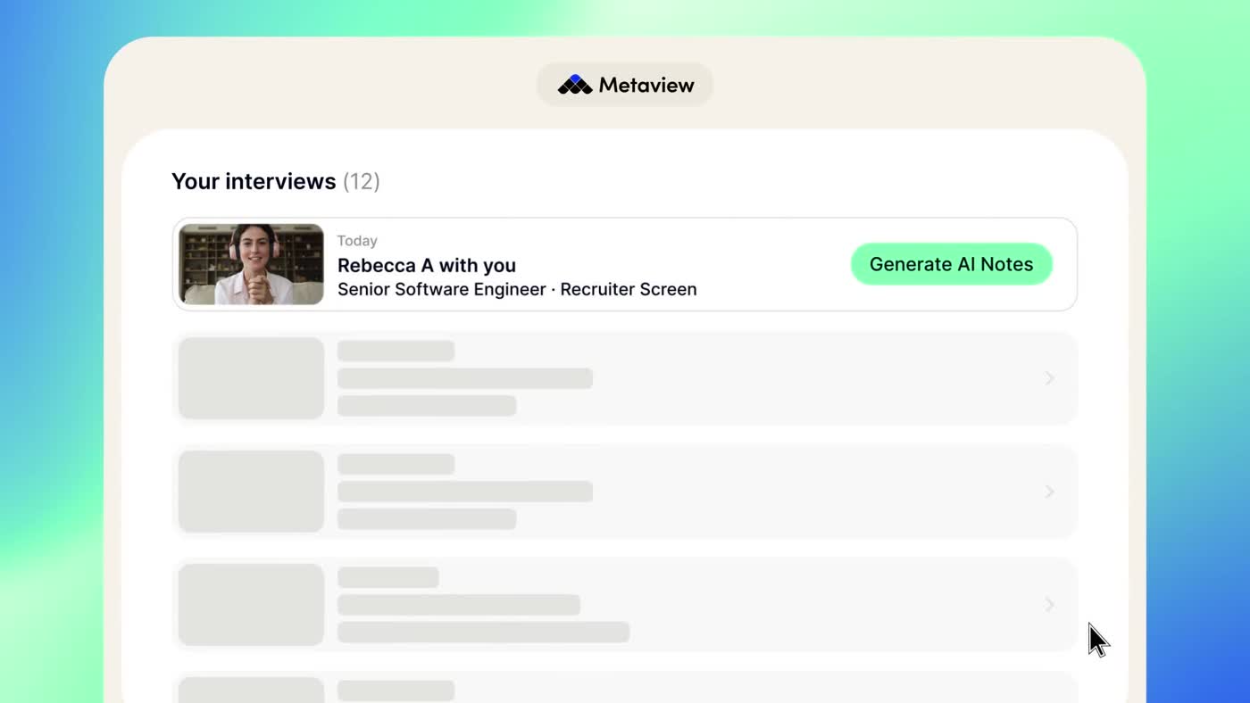 Metaview interviews list screen showing a Rebecca A recruiter screen for a Senior Software Engineer role with a Generate AI Notes button
