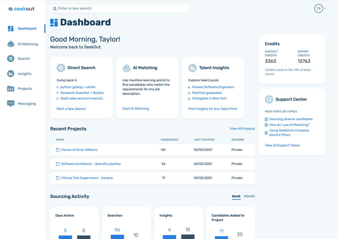 SeekOut dashboard showing Direct Search, AI Matching and Talent Insights cards plus contact and export credit balances