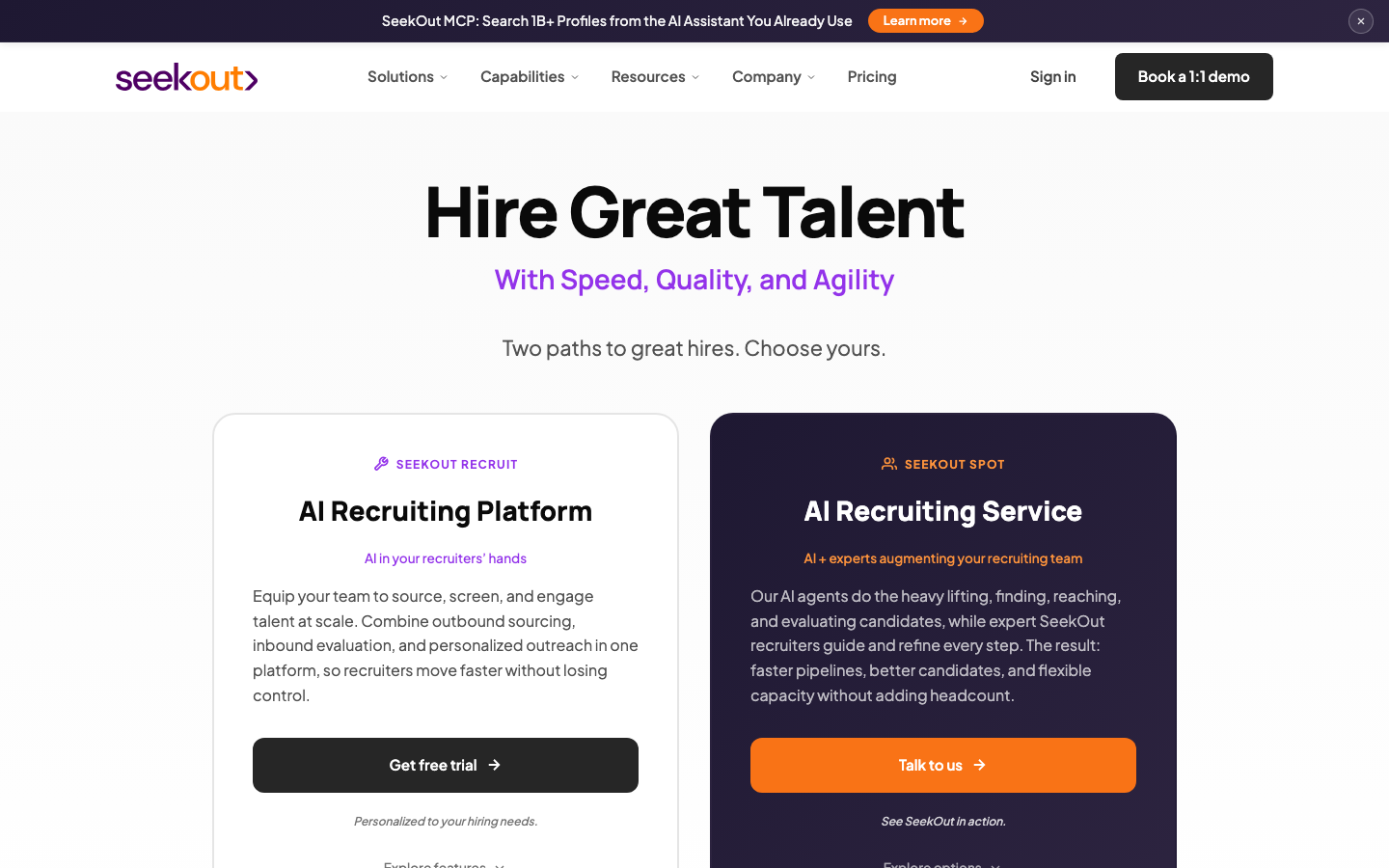 SeekOut homepage showing talent intelligence platform for diversity sourcing and workforce analytics