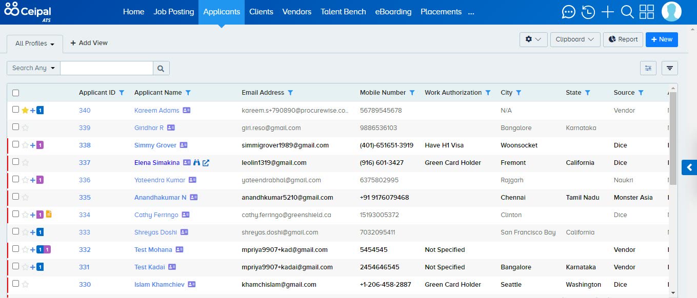 Ceipal ATS applicants list showing candidate contact details, work authorization, and source columns