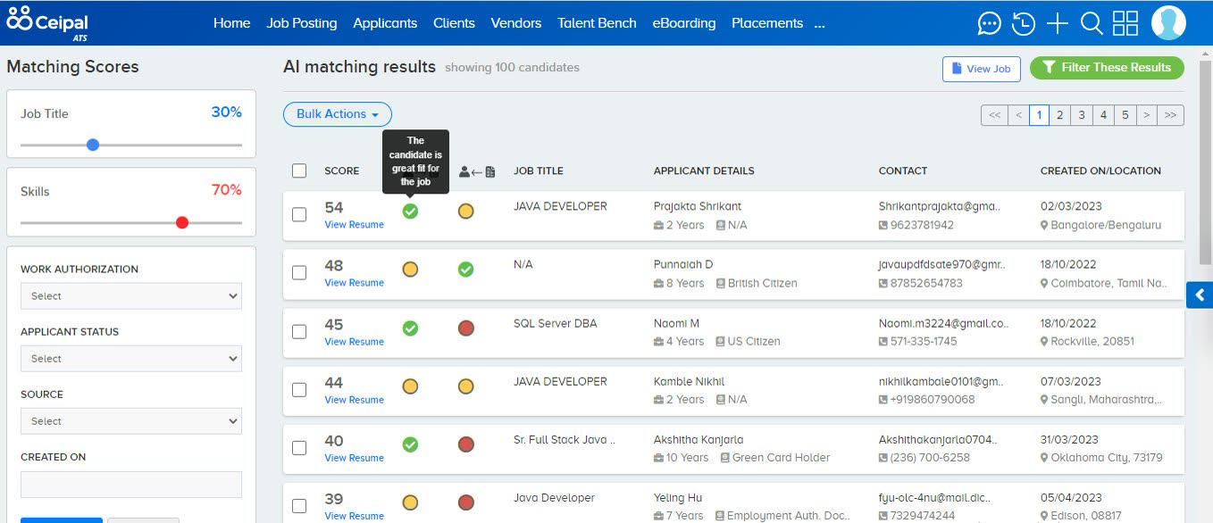 Ceipal ATS AI matching results ranking 100 candidates by score against a job title and skills
