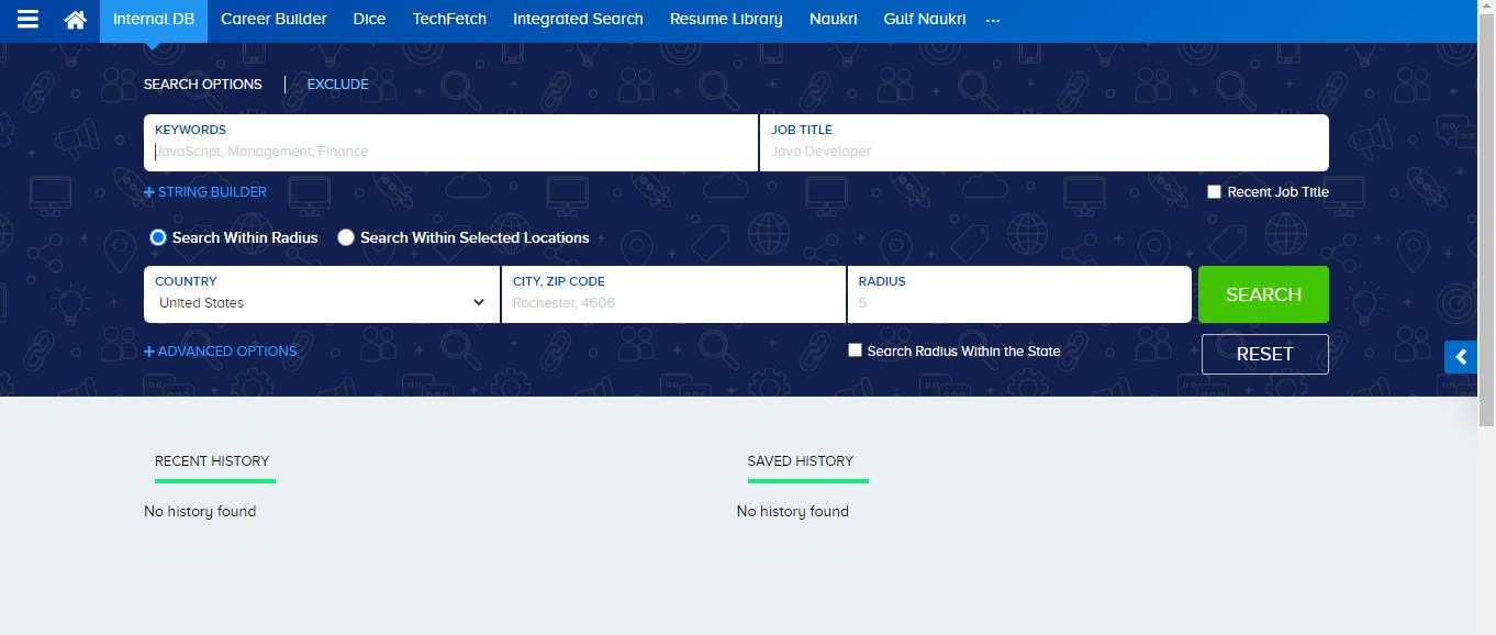 Ceipal ATS candidate search screen spanning internal database, Career Builder, Dice, and Naukri job boards