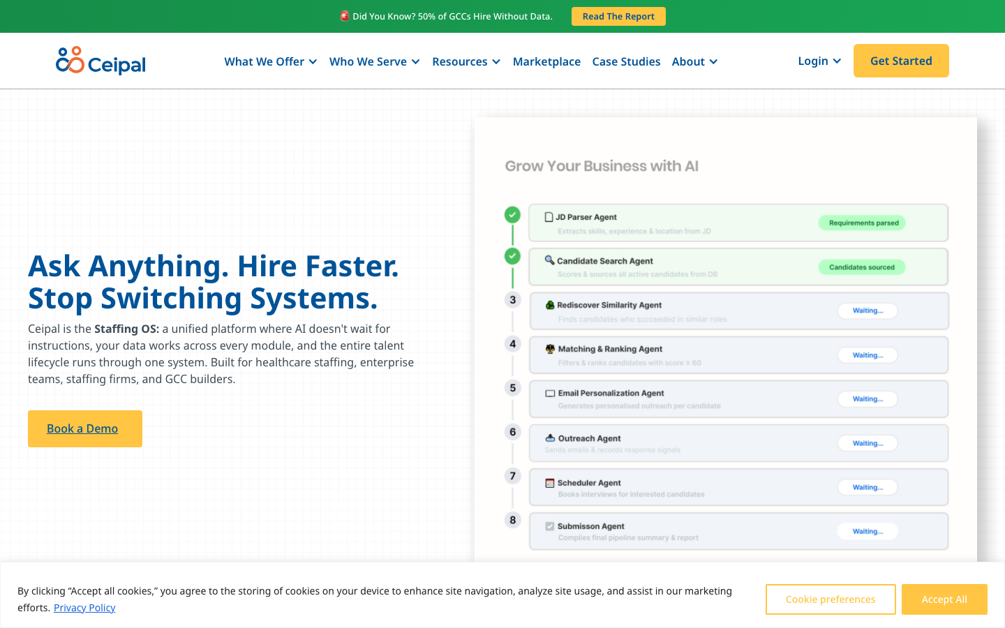 Ceipal ATS homepage showing AI-powered talent acquisition platform with sourcing and screening automation