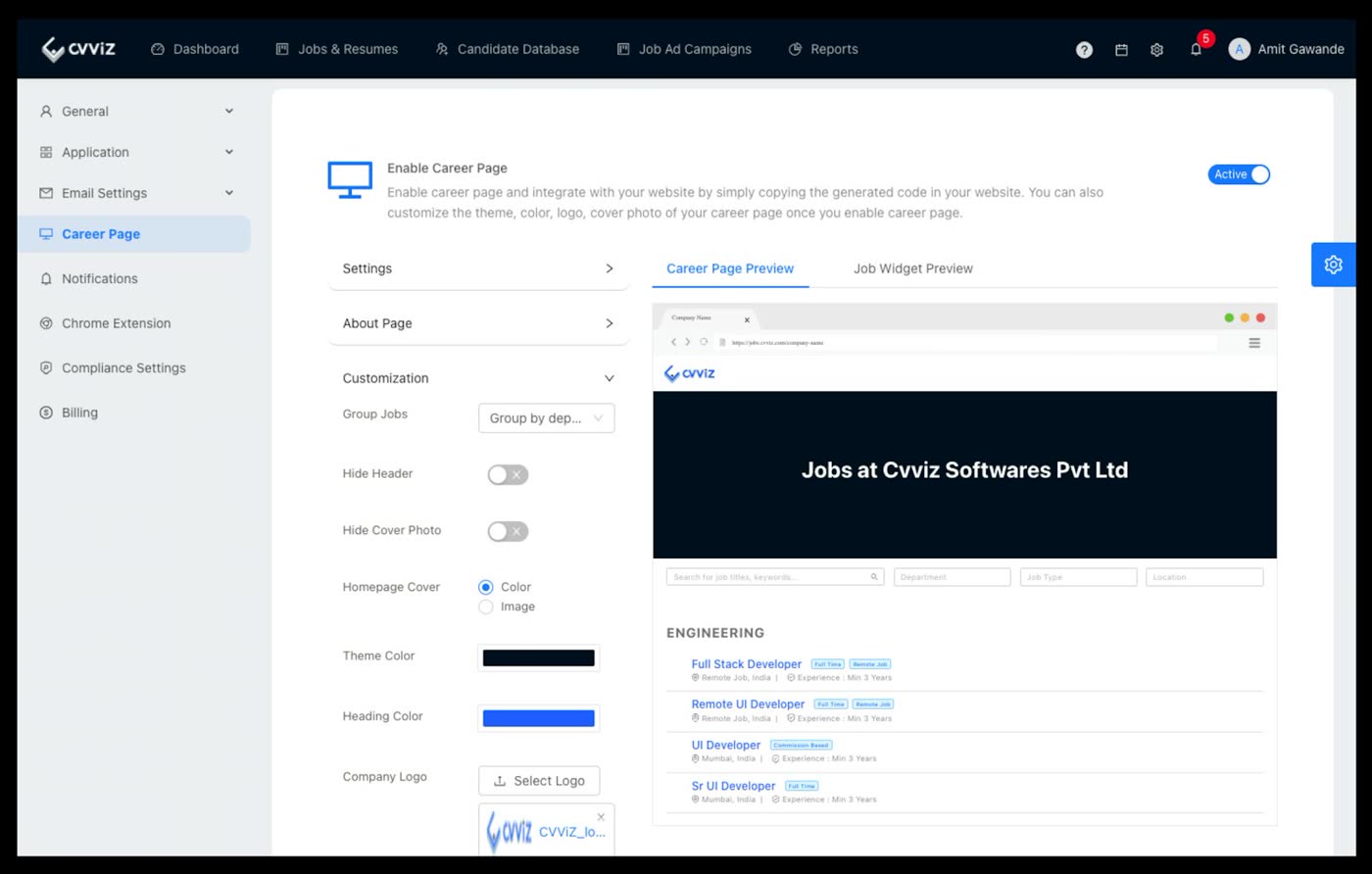 CVViZ career page builder with a live preview of a company job listings page