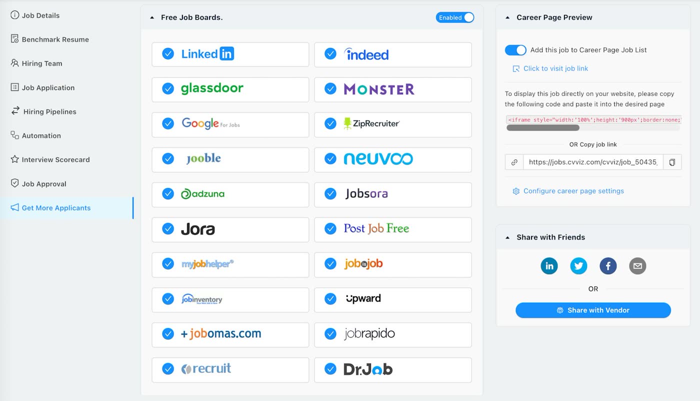 CVViZ free job board distribution screen with LinkedIn, Indeed, Glassdoor, and Monster enabled