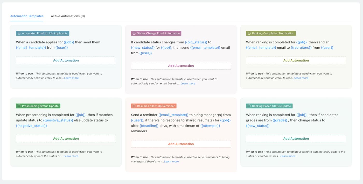 CVViZ automation templates for status change emails, ranking notifications, and resume follow-up reminders