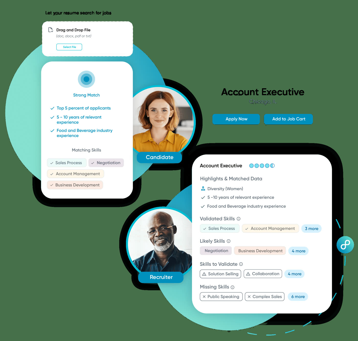 Eightfold AI resume match panel showing a Strong Match result with validated and missing skills for an Account Executive role