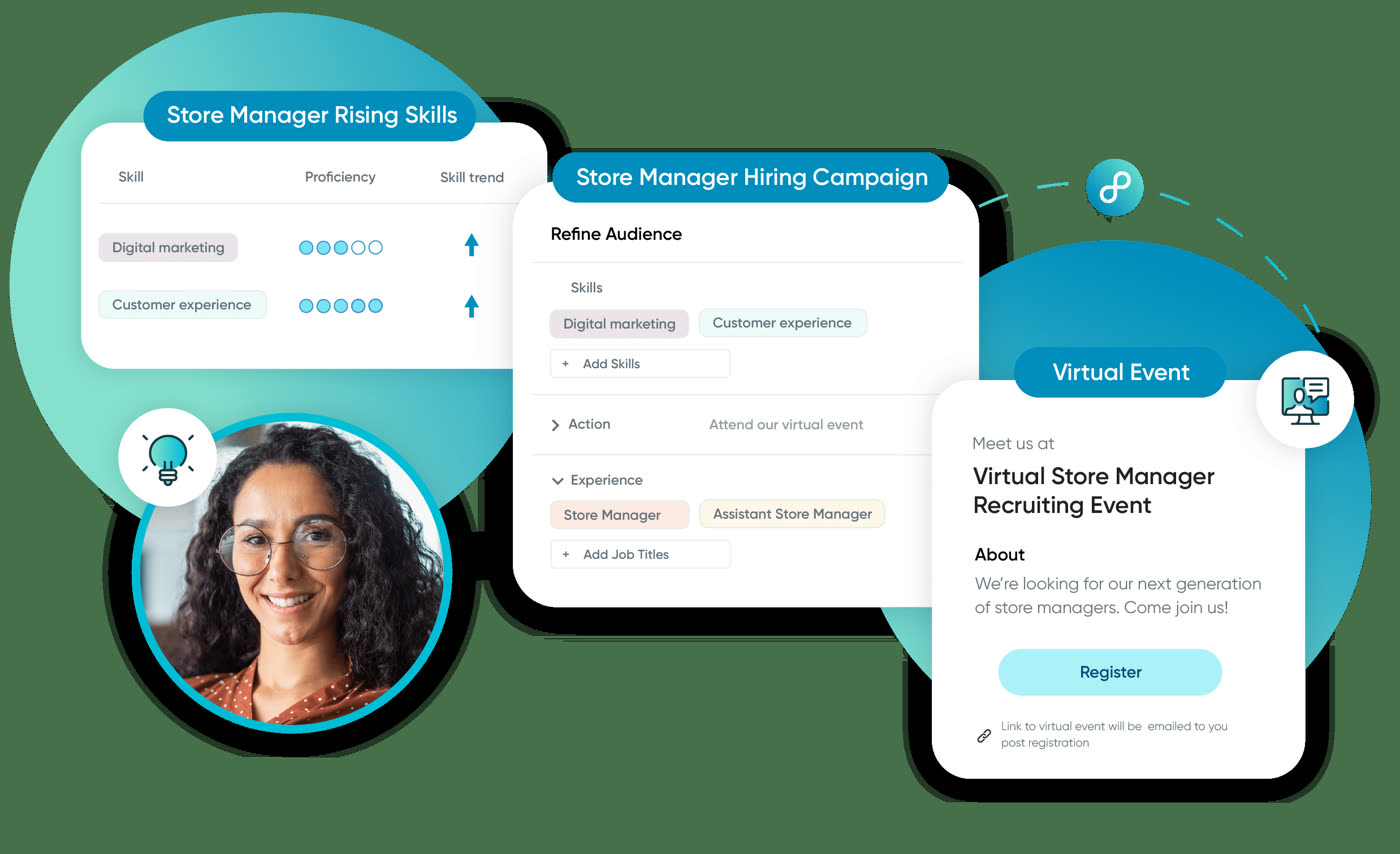 Eightfold AI hiring campaign screen refining a candidate audience by skills, job titles, and experience