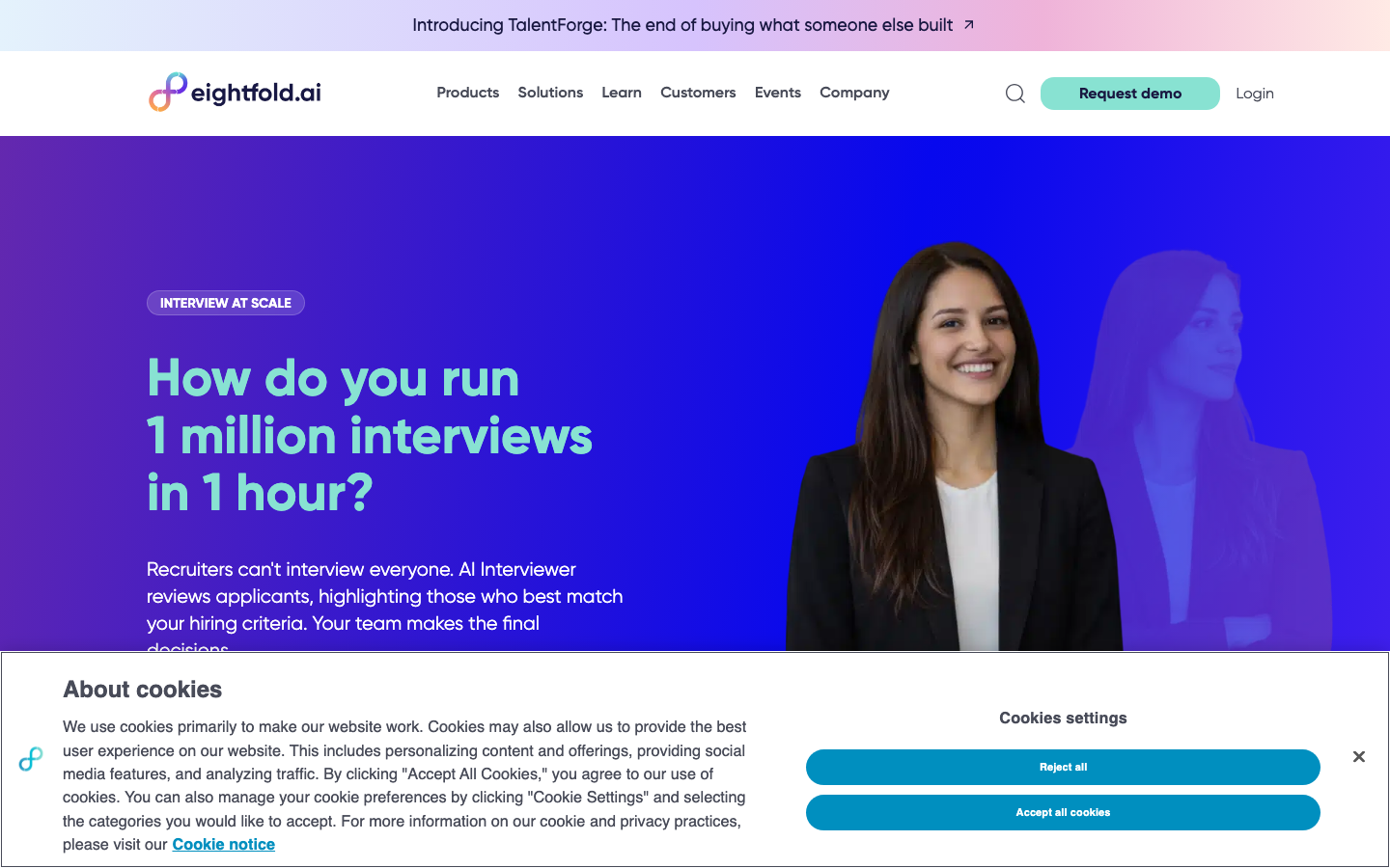 Eightfold AI homepage showing talent intelligence platform with skills-graph AI for enterprise candidate matching and internal mobility