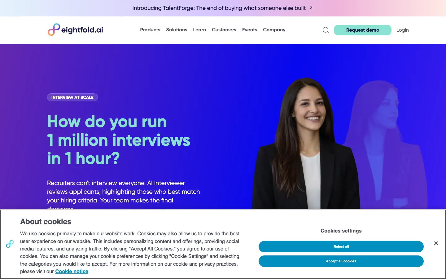 Eightfold AI homepage showing talent intelligence platform with skills-graph AI for enterprise candidate matching and internal mobility