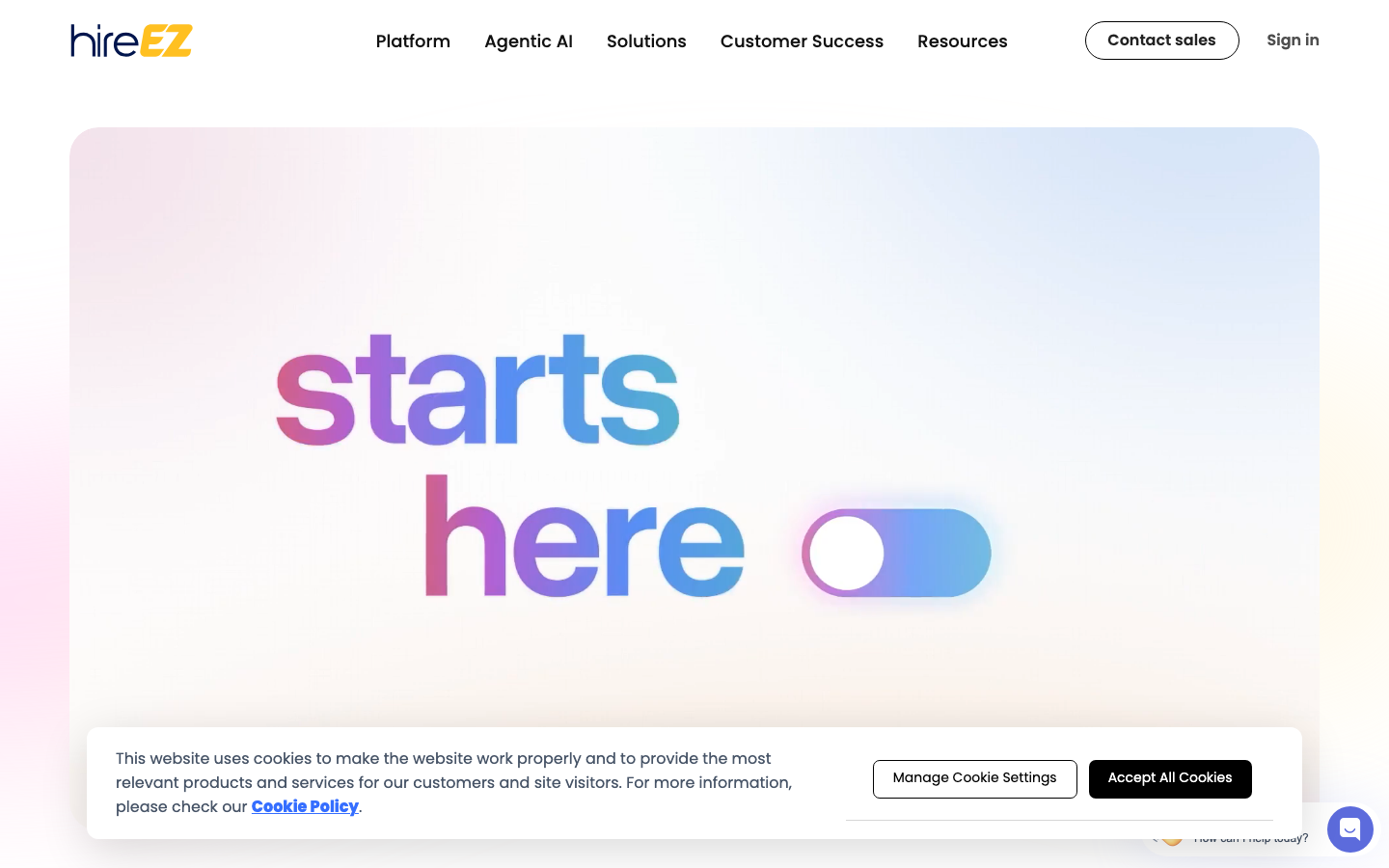 hireEZ homepage showing AI recruitment platform with outbound sourcing and agentic screening across 800M profiles