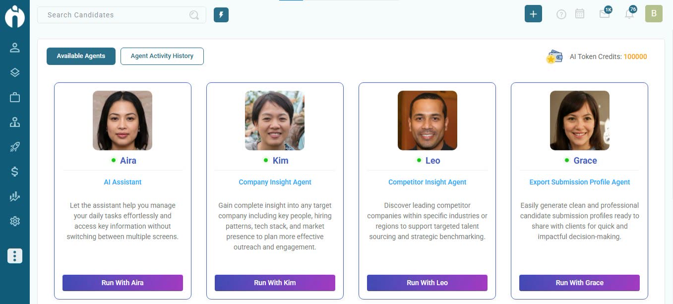 iSmartRecruit AI agents panel with named assistants for company insight, competitor insight, and export profiles