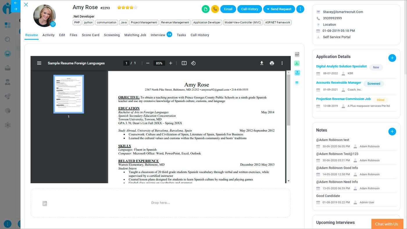 iSmartRecruit candidate profile with an embedded resume viewer, application history, and notes panel