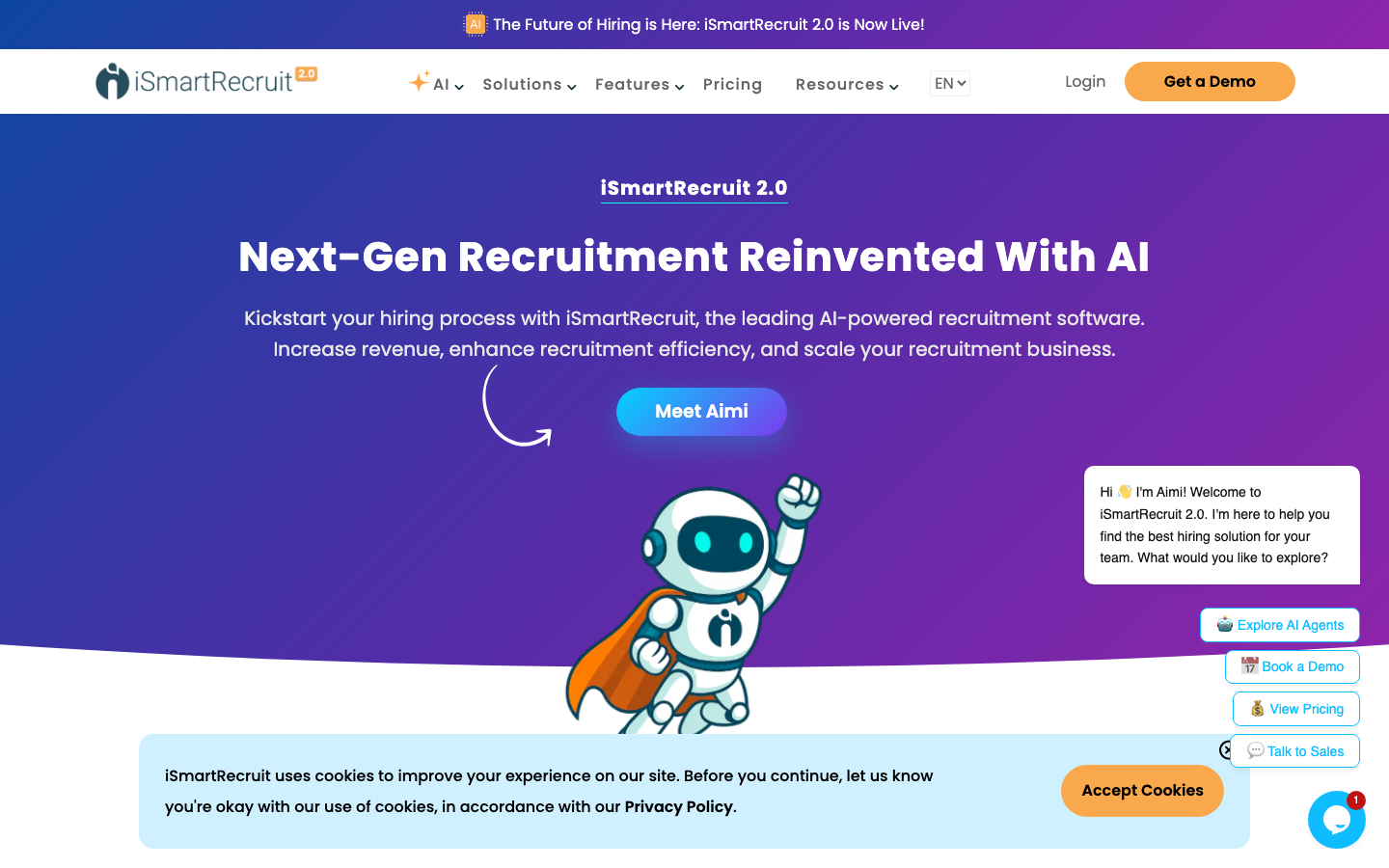 iSmartRecruit 2.0 homepage showing next-gen AI recruitment platform with AI-powered parsing and candidate management