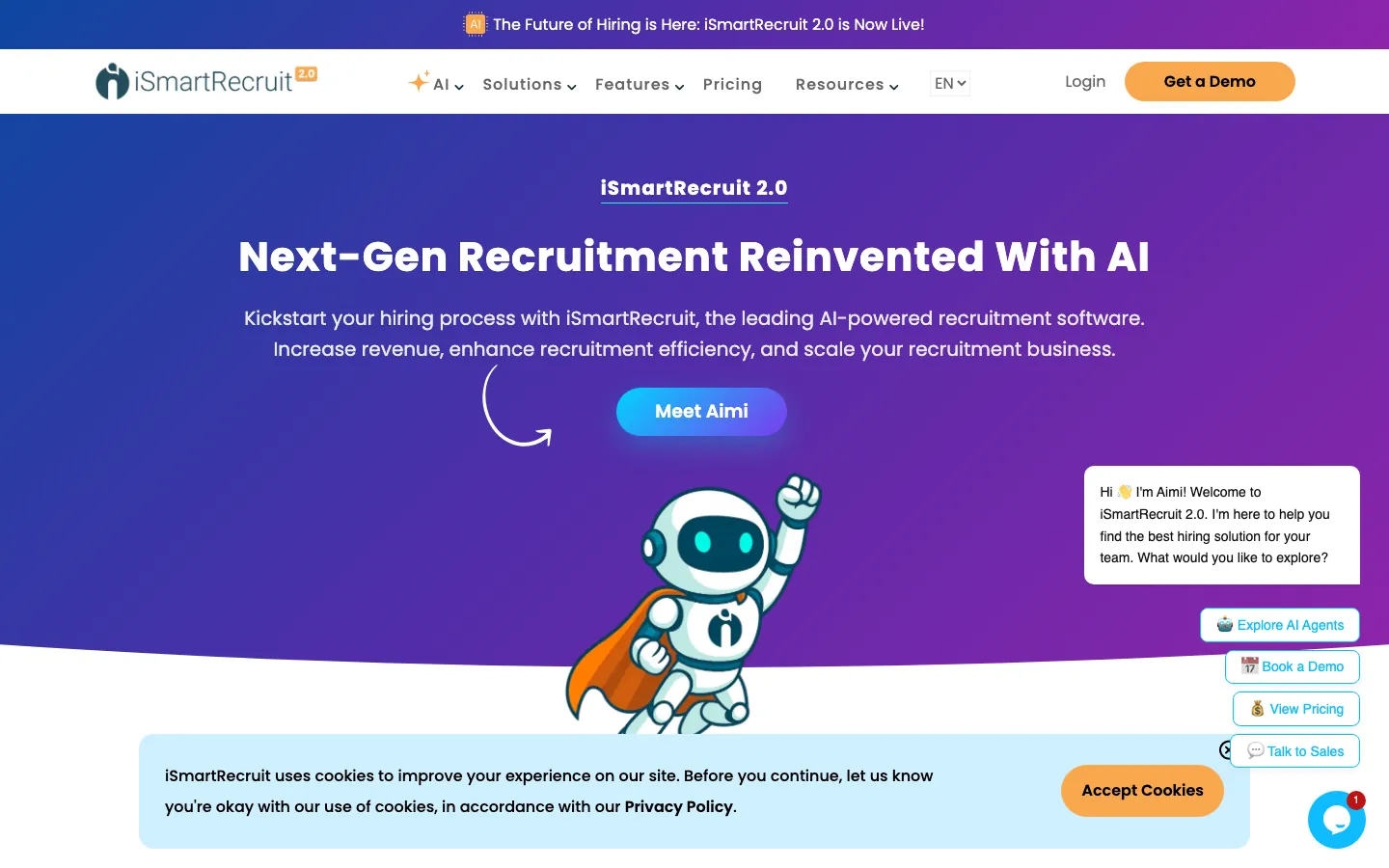 iSmartRecruit 2.0 homepage showing next-gen AI recruitment platform with AI-powered parsing and candidate management