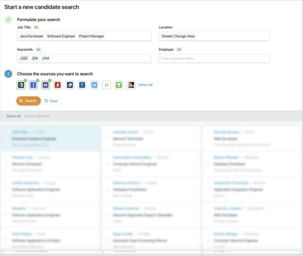 Textkernel candidate search demo formulating a search across job title, keywords, and multiple sourcing channels