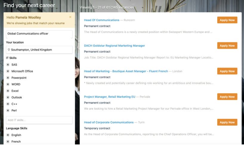 Textkernel job matching widget on a career site showing vacancies matched to a candidate resume and skills