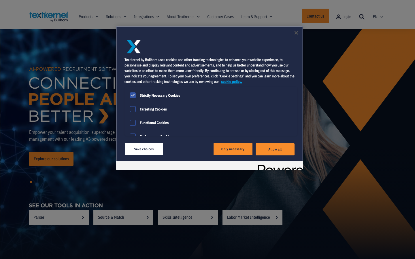 Textkernel homepage showing AI-powered resume parsing and job-candidate matching API technology
